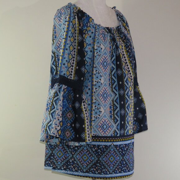 Mileage Blue Multicolor Print 3/4-Sleeve Wide Elastic Neck Blouse Size L (C1185) - Picture 3 of 7